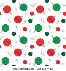 Natal padrão sem emenda. Bolas de árvore de Natal em um fundo branco. Design para decoração no cartão de natal, banner, papel de parede, têxtil. Brinquedos de Natal vermelhos e verdes sobre fundo branco. 