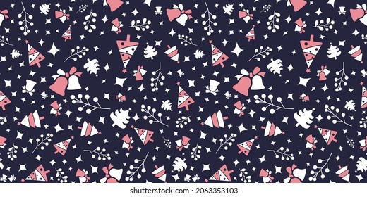 Christmas seamless pattern with tree and bell ornament in blue-grey, white, and pink colors