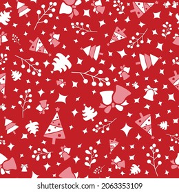 Patrón ininterrumpido de Navidad con adorno de árbol y campana en colores rojo, blanco y rosa