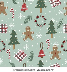 Christmas seamless pattern with Christmas tree, bell, presents, chocolate buns, berries, pine leaves, snow and snowflakes on a green background.