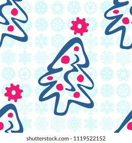 Christmas Seamless Pattern with Christmas Tree and Blue Snowflakes. New Year Vector Illustration. Hand Drawn Doodle Imitation