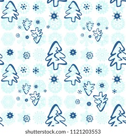 Christmas Seamless Pattern with Christmas Tree and Blue Snowflakes. New Year Vector Illustration. Hand Drawn Doodle Imitation