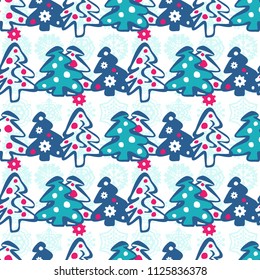 Christmas Seamless Pattern with Christmas Tree and Blue Snowflakes. New Year Vector Illustration. Hand Drawn Doodle Imitation