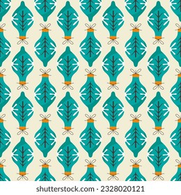 Christmas seamless pattern with christmas tree blue toys. Cute holiday wallpaper background with decorative elements. Stock vector illustration on dark background.
