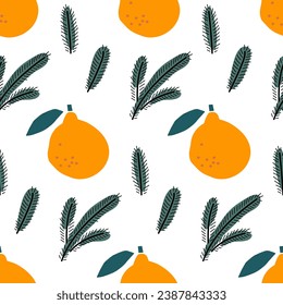 Christmas Seamless Pattern with Christmas tree branch and orange or tangerine fruit. Repeated Hand drawn design for wallpaper, wrapping, scrapbooking, print, textile. Winter holiday design background.