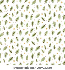 Christmas seamless pattern with tree branches on white background.