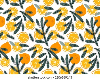 Christmas Seamless Pattern with Christmas tree branches and orange fruit. Repeated Hand drawn design for wallpaper, wrapping, scrapbooking, print, textile. Winter holiday design New year background.