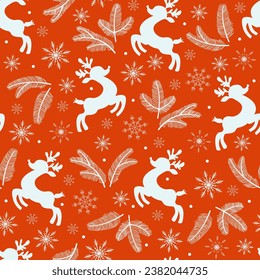 Christmas Seamless Pattern with Tree Branches, Deer and Snowflakes. Happy New Year Background Design. Winter Holiday Print. Xmas Design with Hand Drawn Elements. Vector