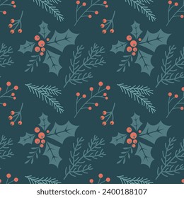 Christmas seamless pattern with Christmas tree branches and holly and rowan berries. New Year's design. Background, print, vector