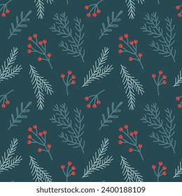 Christmas seamless pattern with Christmas tree branches and holly and rowan berries. New Year's design. Background, print, vector