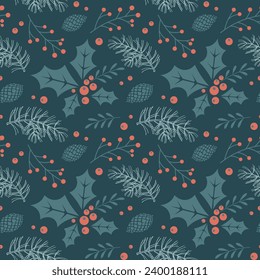 Christmas seamless pattern with Christmas tree branches and holly and rowan berries. New Year's design. Background, print, vector