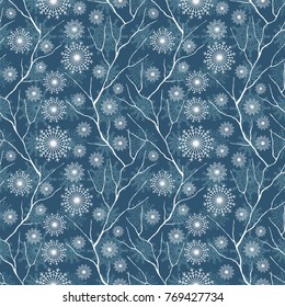 Christmas seamless pattern with tree branches, snowflakes. New year background texture. Wallpaper