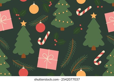 christmas seamless pattern with christmas tree, candy cane, bauble, gift box, holly berries and fir twigs; great for wrapping, greeting cards, social media graphics- vector illustration
