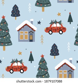 Christmas seamless pattern with christmas tree, car and houses. Cute festive background. Hand drawn vector illustration. Holiday endless texture for wrapping paper, textile, fabric design. 