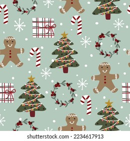  Christmas seamless pattern with Christmas tree Chocolate cookies, candy canes, holly garlands, presents, snow and snowflakes on a green background.