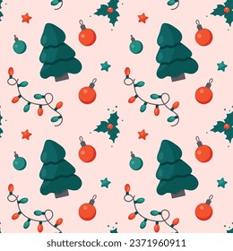 Christmas seamless pattern with christmas tree and decor 