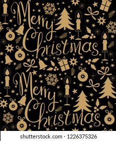 Christmas seamless pattern with tree, decorations, candles, snowflakes, berries, bells, boxes.