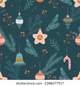 Christmas seamless pattern with tree decorations. Seasonal winter design. Cute vector illustration in flat cartoon style