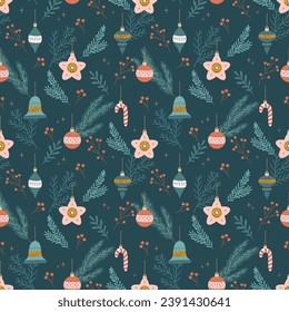 Christmas seamless pattern with tree decorations. Seasonal winter design. Cute vector illustration in flat cartoon style