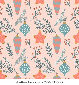 Christmas seamless pattern with Christmas tree decorations and twigs. New Year's design. Background, print, vector