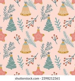 Christmas seamless pattern with Christmas tree decorations and twigs. New Year's design. Background, print, vector