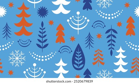 Christmas seamless pattern with tree and decorative design elements, blue colors