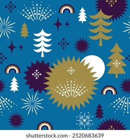 Christmas seamless pattern with tree and decorative design elements, geometric flat style, blue colors