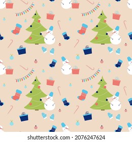 Navidad sin fisuras con árbol de navidad, garland, calcetines, muñecos de nieve, bolas, mitones, caramelos. Antecedentes de Año Nuevo. Ilustración del vector
