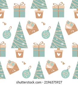 Christmas seamless pattern, Christmas tree with garlands, gift box with bow, mug of hot drink, postal envelope, beige, brown blue colors. Vector hand drawing.