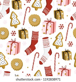 Christmas seamless pattern with tree, gift,  toys. Scandinavian style. Vector illustration