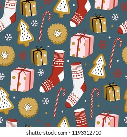 Christmas seamless pattern with tree, gift,  toys. Scandinavian style. Vector illustration