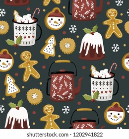 Christmas seamless pattern with tree, gift, santa, toys. Scandinavian style. Vector illustration
