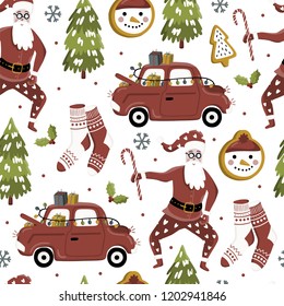 Christmas seamless pattern with tree, gift, santa, toys. Scandinavian style. Vector illustration