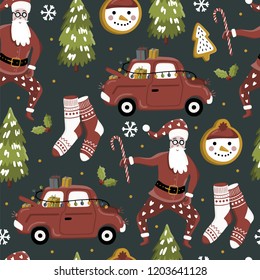 Christmas seamless pattern with tree, gift, santa, toys. Scandinavian style. Vector illustration