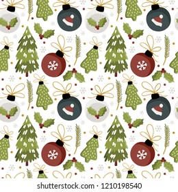 Christmas seamless pattern with tree, gift, toys. Scandinavian style. Vector illustration