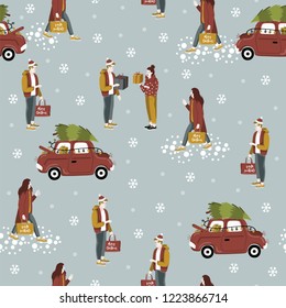Christmas seamless pattern with tree, gift, toys, people, car. Nordic style. Vector illustration