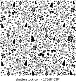 Christmas seamless pattern with with Christmas tree, gift box, musical notes, snowflake and cute Ox at ice skating. Seamless design in line doodle style, black monochrome outline for textile prints.