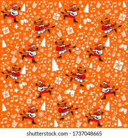 Christmas seamless pattern with with Christmas tree, gift box, musical notes, snowflake, star, mittens and cute Ox at ice skating. For banners, posters, cards, menu, wraping paper. Happy New year 2021