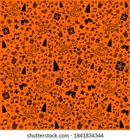 Christmas seamless pattern with with Christmas tree, gift box, musical notes, snowflake, star, mittens and cute Ox at ice skating. For banners, posters, cards, menu, wraping paper. Happy New year 2021