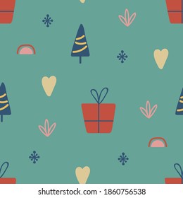 Christmas seamless pattern with tree, gift, rainbow. Hand drawn unique texture for greeting card. Winter Holiday design elements. Celebration party decoration. Social media cover. Vector illustration.