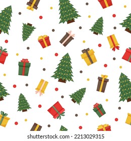 Patrón ininterrumpido de Navidad con árbol de Navidad y cajas de regalo