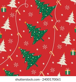 Christmas seamless pattern with tree, gift, candy element