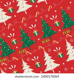 Christmas seamless pattern with tree, gift, candy element