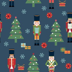 Christmas Seamless Pattern With Tree, Gifts, Snowflakes And Nutcracker. Vector Illustration.