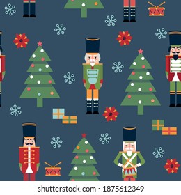 Christmas seamless pattern with tree, gifts, snowflakes and nutcracker. Vector illustration.