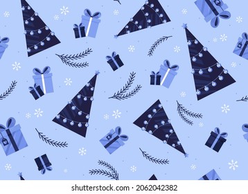 Patrón de Navidad sin fisuras con árbol de Navidad y regalos. Ilustración vectorial de adorno de Navidad
