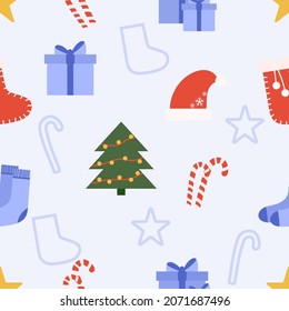 Christmas seamless pattern.  Christmas tree, gifts, socks.  Blue shades.  Vector illustration.