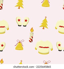 Patrón de Navidad sin foco con árbol de navidad, guantes, velas, campana de navidad y suéter, fácil de editar
