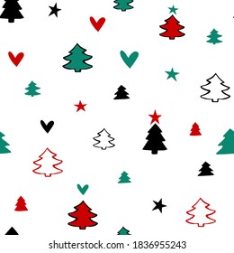 Christmas seamless pattern tree heart and star in modern style. Abstract geometric background. Wallpaper design green mint black red on white background. Silhouette and outline vector illustration.