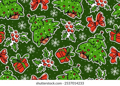 Christmas seamless pattern. Christmas tree, holly berries, gift, bow and snowflakes on dark green background. Colorful festive print. Festive vector pattern.